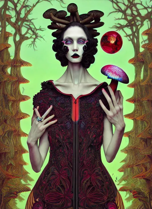 Image similar to pretty goth model with hallucination mushroom : : by martine johanna and simon stalenhag and chie yoshii and casey weldon and wlop : : ornate, dynamic, particulate, rich colors, intricate, elegant, highly detailed, vogue, harper's bazaar art, fashion magazine, smooth, sharp focus, 8 k, octane render,