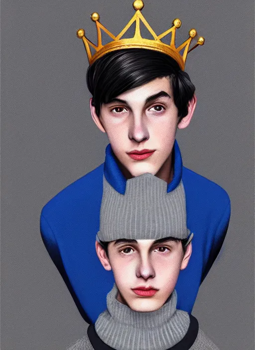 Image similar to portrait of teenage jughead jones wearing a light grey crown, crown, blue turtleneck, 1 9 5 0 s, closed eyes, photorealistic, black hair, glowing lighting, intricate, elegant, glowing lights, highly detailed, digital painting, artstation, concept art, smooth, sharp focus, illustration, art by wlop, mars ravelo and greg rutkowski