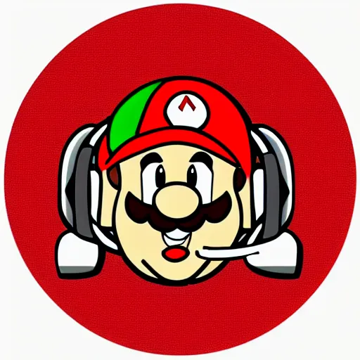 Image similar to svg sticker, centered, round-cropped, white-space-surrounding, SuperMario listening to headphones, flat colors, vector art