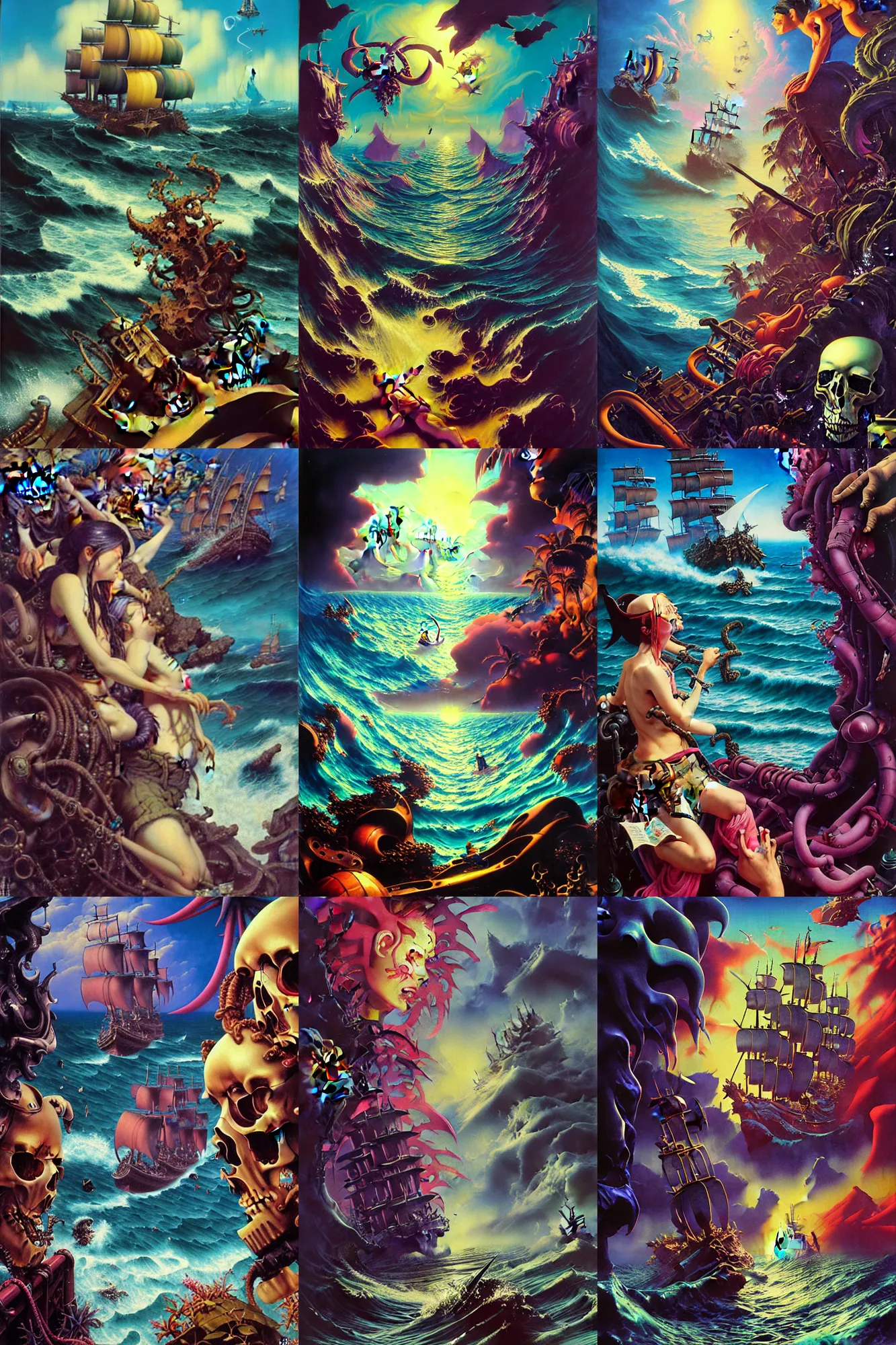 Prompt: realistic detailed image of a sea of thieves scene by lisa frank, ayami, kojima, amano, karol bak, greg hildebrandt, and mark brooks, neo - gothic, gothic, rich deep colors. beksinski painting, part by adrian ghenie and gerhard richter. art by takato yamamoto. masterpiece