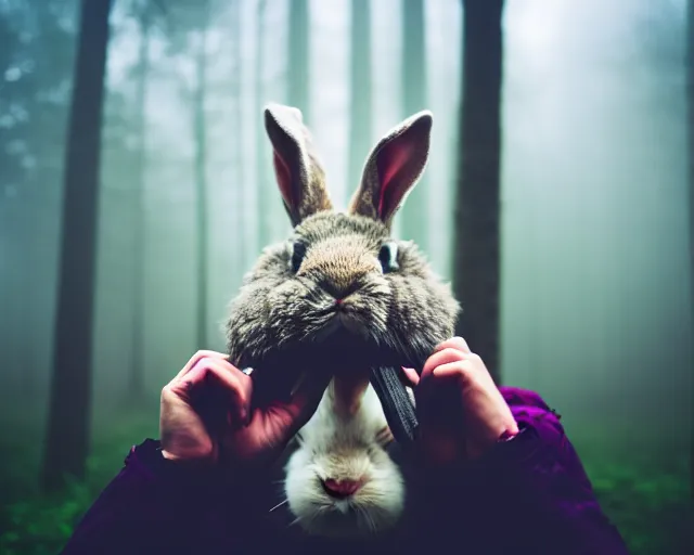 Image similar to a lomography photo of rumble between two human with rabbit head in foggy forest this morning, bokeh,