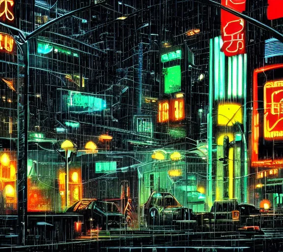 Image similar to dark cyberpunk rain city