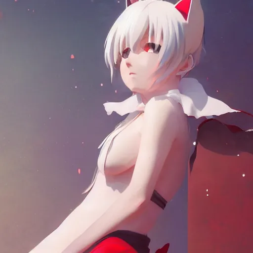 Prompt: a cute anime girl wtih cat ears and tail, white hair, red eyes, full body, matte painting, by greg rutkowski and ilya kuvshinov and alphonse maria mucha and matsumoto taiyou, super clear details, hyper realistic, trending on artstation, 8 k