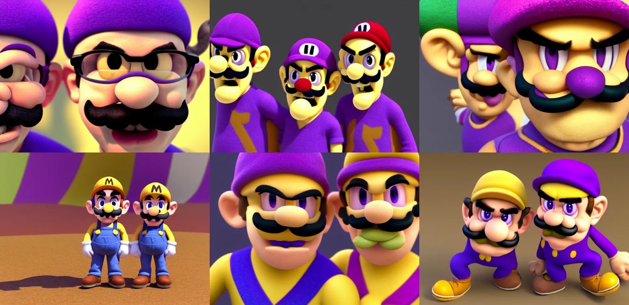 Prompt: extremely detailed portrait, fraternal twins, wario, waluigi, 3 d render by ( ( grant wood ) ), 8 k, sharp focus, cgsociety