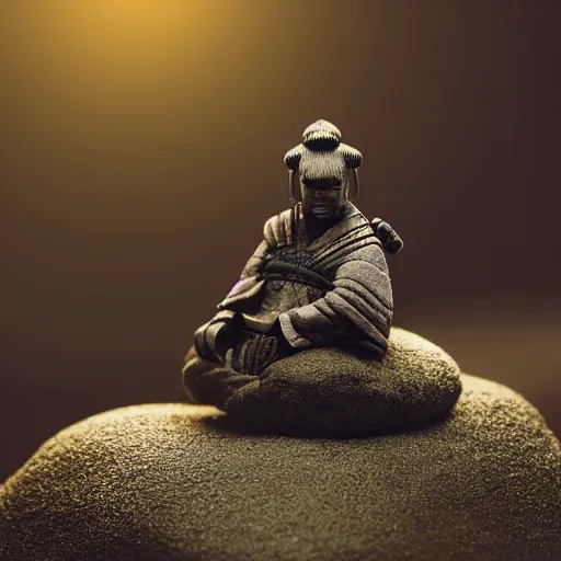 Prompt: miniature ancient samurai sitting relaxed in a japanese miniature zen garden, highly detailed, cinematic, concept art, moody evening light - n 4