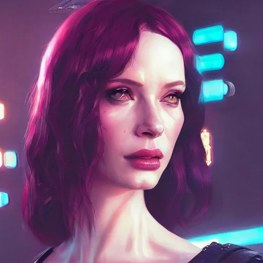 Image similar to christina hendricks in cyberpunk 2 0 7 7, intricate, elegant, highly detailed, digital painting, artstation, concept art, smooth, sharp focus, illustration, art by artgerm and greg rutkowski