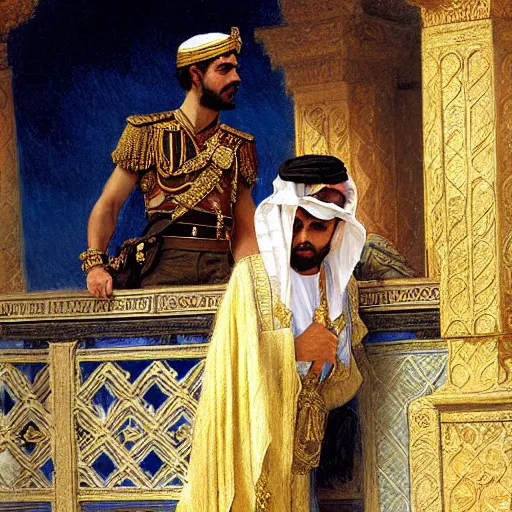 Image similar to attractive arab king confesses his love for his attractive male prince, in balcony of palace, above a river,. highly detailed painting by gaston bussiere, craig mullins, j. c. leyendecker
