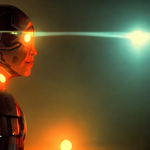 Image similar to movie still of cyborg with glowing third eye, cinematic composition, cinematic light, criterion collection, by tobe hopper