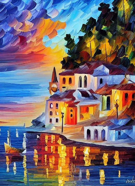 Image similar to beautiful seaside greek village at sunset in the style of leonid afremov