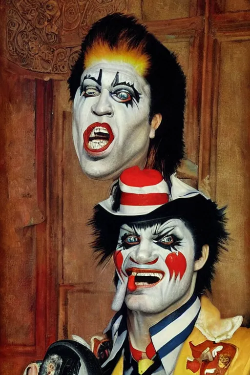 Image similar to a closer personal portrait of!!!!!! clownvis presley!!!!!! very charismatic. in the old ancient temple. masterpiece, dark. painted by norman rockwell and james gurney