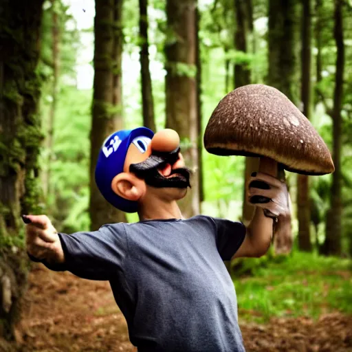 Image similar to photo of mario finding a giant mushroom, exhilarated, portrait, closeup. mouth open, 30mm, bokeh