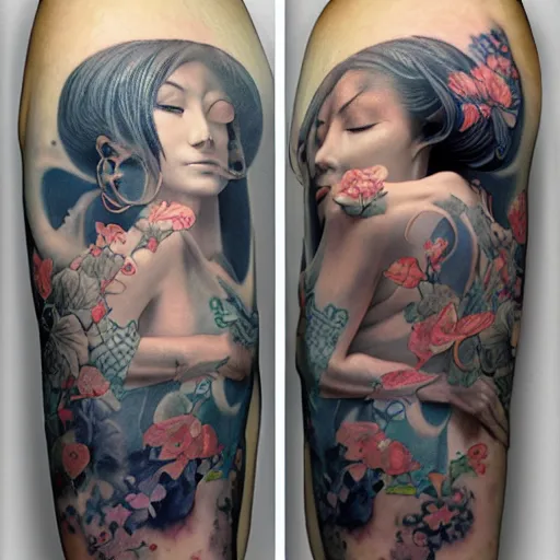 Image similar to ultra realistic, beautiful mixed woman with tattoos, wearing a kimono, japanese inspired, in the style of peter mohrbacher by weta digital and beth cavener, intricate, masterpiece, award winning, intricate