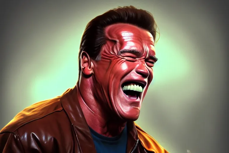 Image similar to Arnold Schwarzenegger laughing hysterically with crazy eyes, hyperrealistic, concept art, illustration, 8k, cinematic, digital painting, very detailed, volumetric lighting, artstation, octane render