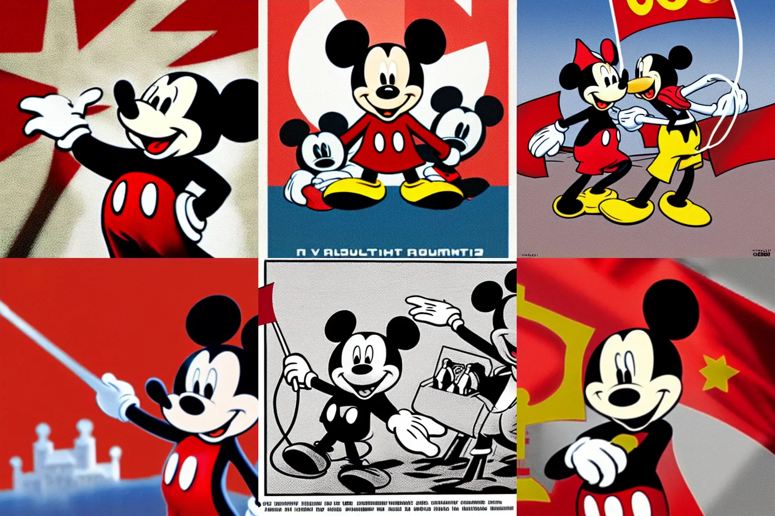 Prompt: mickey mouse leading the comunist revolution, dramatic scene, communist flag, beautiful composition, detailed