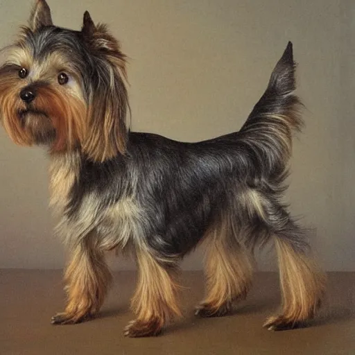 Image similar to brown and gray Yorkshire terrier dog, extremely detailed masterpiece, illustration, by Michael Sowa,