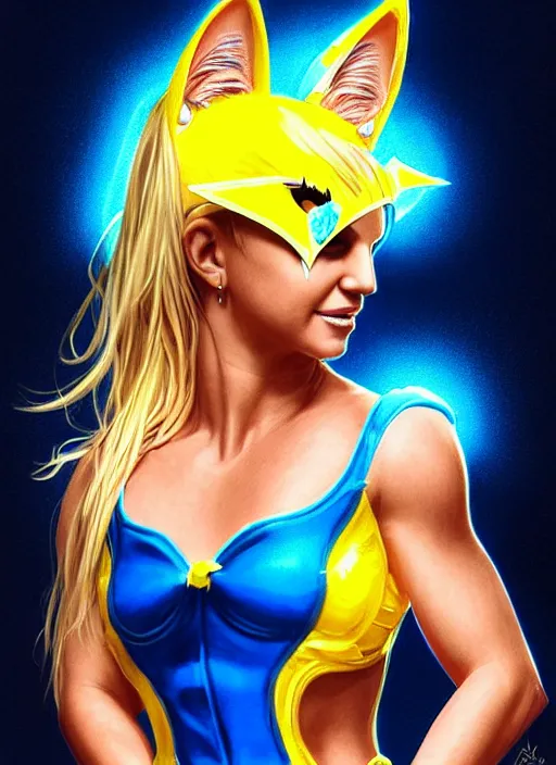 Image similar to britney spears in blue and yellow cat costume, cat ears, intricate, elegant, glowing lights, highly detailed, digital painting, artstation, glamor pose, concept art, smooth, sharp focus, illustration, art by artgerm and greg rutkowski, artey freytag