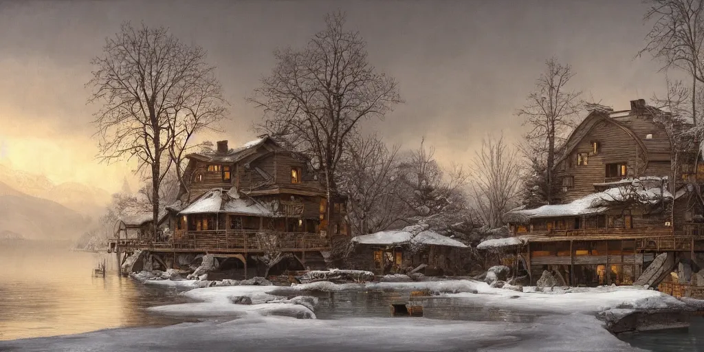 Image similar to an oil painting of a lakehouse in winter, masterpiece, highly detailed, high quality, 4 k, anatomically correct, hyperrealistic, concept art, octane render, unreal engine 5, trending on artstation, trending on deviantart, matte, historical painting, fantasy style, path traced, high coherence, soft lighting, digital painting, mythical, by leonardo da vinci