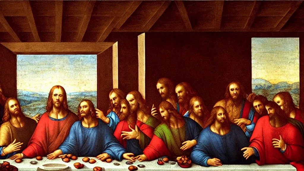 Prompt: 'Boris Johnson'!!!!!!!!!! as! a! person!!! in the ((last supper)) by Leonardo, a British hall is the background