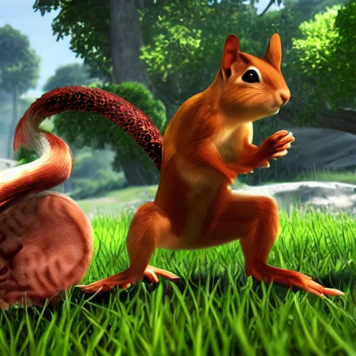 Image similar to screenshot of animal fighting game on ps 4, squirrel vs lizard, unreal engine,