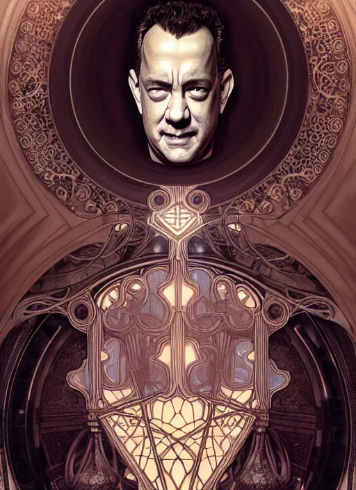 Image similar to portrait of tom hanks, volumetric lights, feast, music notes, art nouveau botanicals, gothic, intricate, highly detailed, digital painting, artstation, concept art, smooth, sharp focus, symmetric face, illustration, steampunk, art by artgerm and greg rutkowski and alphonse mucha