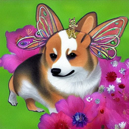 Prompt: a corgi with fairy wings, sparkling petals, fantasy-style, cute, photorealism
