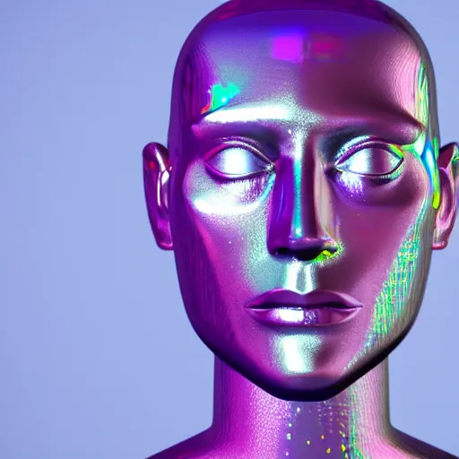 Image similar to 3d render of holographic human robotic head made of glossy iridescent, surrealistic 3d illustration of a human face non-binary, non binary model, 3d model human, cryengine, made of holographic texture, holographic material, holographic rainbow, concept of cyborg and artificial intelligence