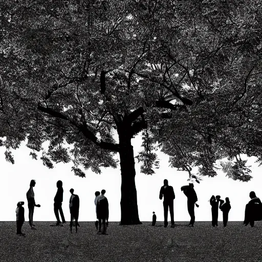 Prompt: a group of people in a park staring up at a gigantic tree, professional monochromatic, digital artwork