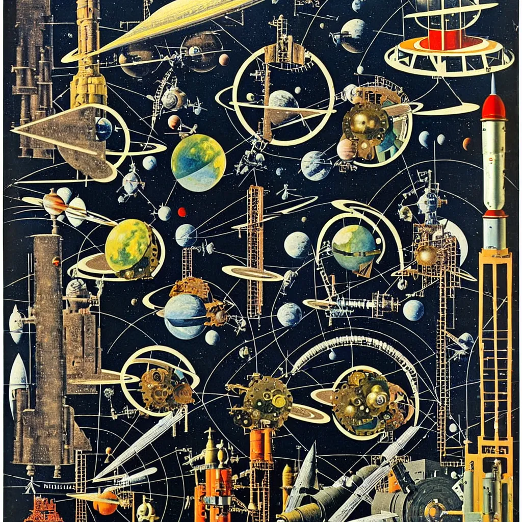 Prompt: 1950 magazine cut out collage of steam punk machinery for space exploration painted by max ernst, alfons maria much, 35 mm graflex,