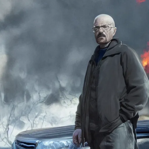 Image similar to a photo of walter white standing in front of a building on fire, highly detailed, 4 k