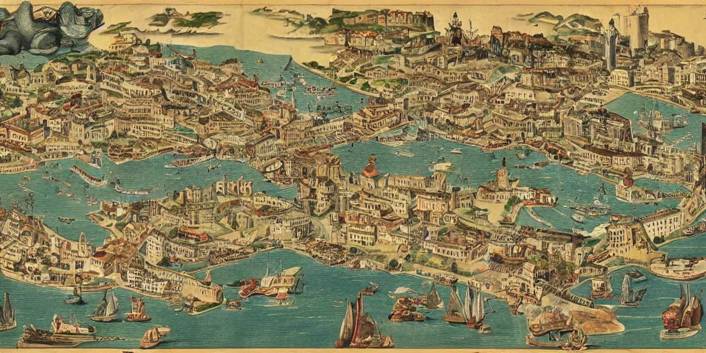 Image similar to map of the city of genoa medieval vintage great looking with sea monsters