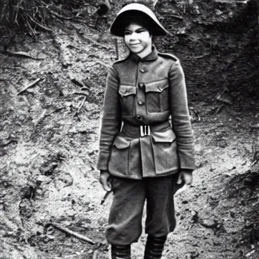 Image similar to Zendaya as a soldier, ww1 trench, war photo, film grain