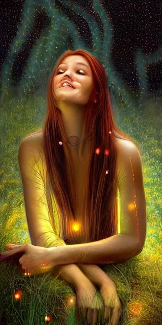 Prompt: infp young woman, smiling amazed, golden fireflies lights, sitting in the midst of nature fully covered, long loose red hair, intricate linework, green eyes, small nose with freckles, oval shape face, realistic, expressive emotions, dramatic lights spiritual scene, hyper realistic ultrafine art by michael cheval, jessica rossier, boris vallejo