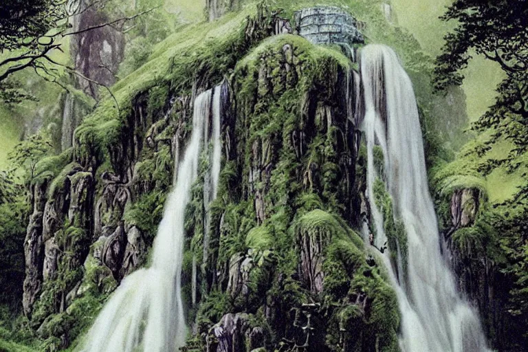 Image similar to an elven waterfall building by j. r. r. tolkien