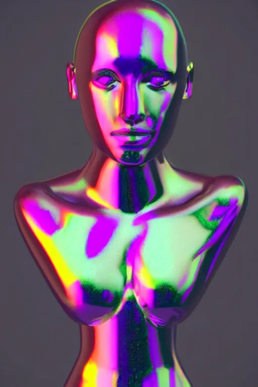 Image similar to 3d render of holographic human robotic bust made of glossy iridescent, bust, surrealistic 3d illustration of a human non-binary, non binary model, 3d model human, cryengine, made of holographic texture, holographic material, holographic rainbow, concept of cyborg and artificial intelligence