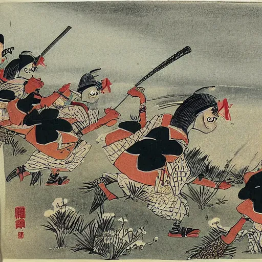 Prompt: Samurai chickens attack a village on the foothill of mount Fuji