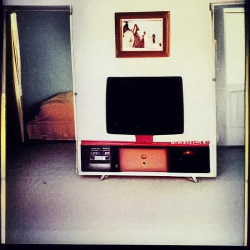 Image similar to a living room in 1982 A square CRT TV is on, with Netflix on the screen!!!!! The only light in the room is the light from TV. Polaroid photograph