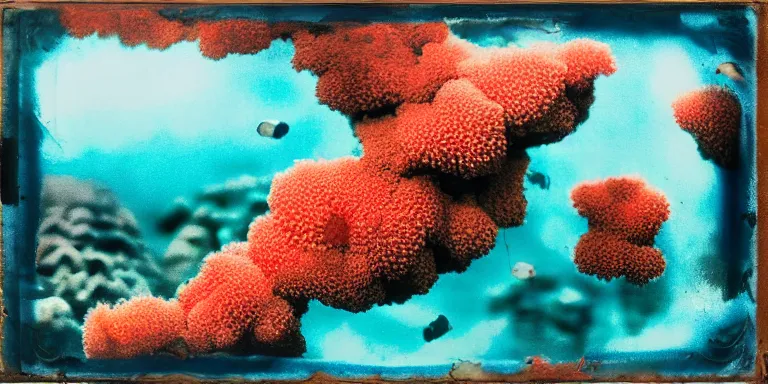Prompt: a beautiful and colorful wet plate glass photograph of a vast underwater coral reef landscape and of sea life by edmund dulac. sponge, dry brushing, scumbling, masking, frayed edges. light leaks, natural light. trending on artstation and google images. 8 k hd wallpaper, full color scheme, lsd, vivid, vibrant, wide - angle