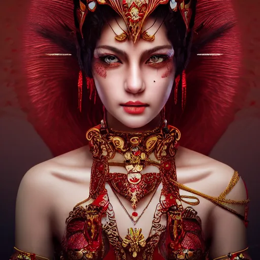 Image similar to photograph of wonderful princess with smooth fair skin, alluring eyes, red jewelry, breathtaking, elegant, ornate, intricate, hyper detailed, accent lighting, dramatic light, 4 k octane render