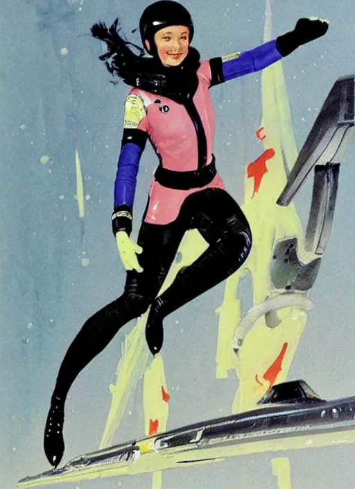 Image similar to a copic maker illustration of a high speed ice skater girl wearing an eva pilot suit designed by balenciaga by john berkey, norman rockwell