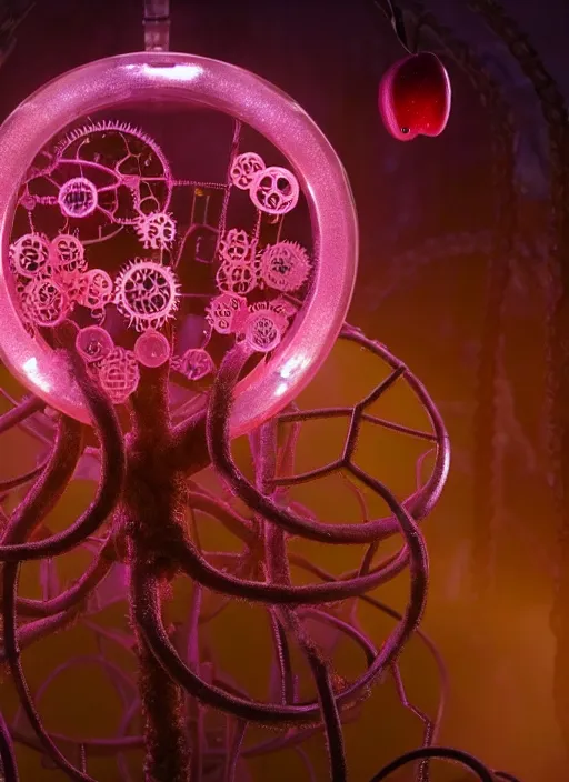 Image similar to intricate mechanical translucent apple with visible gears and components inside, growing off a tree, on the background of a weird magical mechanical forest. Very detailed 8k. Fantasy cyberpunk horror. Sharp. Cinematic post-processing