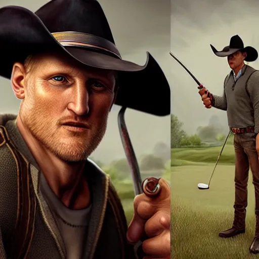 Image similar to portrait painting of woody harrelson, with a cowboy hat and bloody golf club, ultra realistic, concept art, intricate details, eerie, highly detailed, photorealistic, octane render, 8 k, unreal engine. art by artgerm and greg rutkowski and alphonse mucha