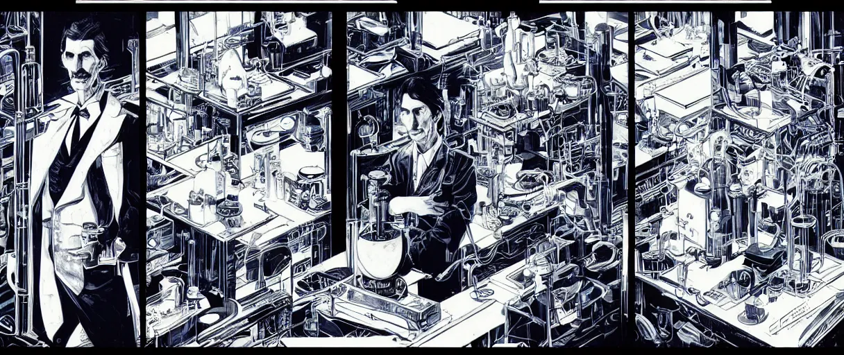 Image similar to portrait of nikola tesla in laboratory, symmetrical, by yoichi hatakenaka, masamune shirow, josan gonzales and dan mumford, ayami kojima, takato yamamoto, barclay shaw, karol bak, yukito kishiro