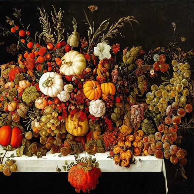 Image similar to thanksgiving supper, flowers and fruit on a wooden table, black background!, still life by giuseppe arcimboldo, vanitas!!, pinterest, maximalist, intricate high detail masterpiece