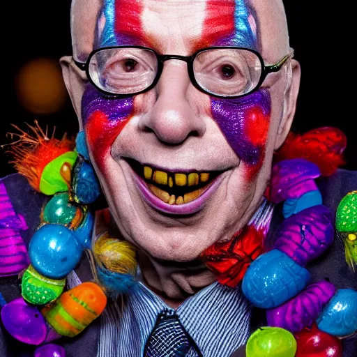 Image similar to uhd photorealistic portrait of cosmic clown made of bugs, in the image of klaus schwab, wearing authentic clown costume and real bizarre clown makeup, correct face, accurate faces, intricate details, intricate cllown makeup