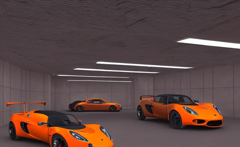 Image similar to futuristic lotus exige ( ( orange ) ) parked within interior view of futuristic auto showroom ( ( frank lloyd wright ) ) luminescent concept art, unreal engine 5, artstation highly detailed, digital art, 8 k hdr, soft lighting, hyperrealistic, godrays