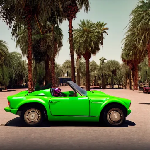 Prompt: side photo of a kermit the frog driving a mercedes in marrakech, morocco, palm trees, 8 k, octane render, hyperdetailed, illustration, digital painting, oil painting