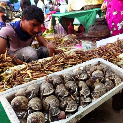 Image similar to live snails being sold at a bazaar