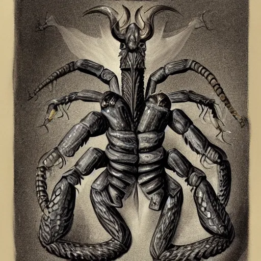 Image similar to He stands on two legs and has human arms ending in claws, with two pairs of wings, a scorpion's tail, a snake that emerges from between his legs in front, and a horned, bearded head with bulging eyes and snarling canine mouth swirls of black gouache, hopeless grey, and a daub of cold blue, intricate, highly detailed, digital painting, artstation, concept art, smooth, sharp focus, illustration, Unreal Engine 5, 8K, art by artgerm and greg rutkowski and alphonse mucha, fantasy epic digital art, epic fantasy card game art