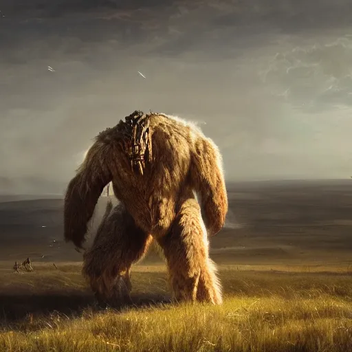 Prompt: enormous creature towering over the plains, seen from a distance, volumetric lighting, 8 k octane beautifully detailed render, post - processing, extremely hyper - detailed, intricate, epic composition, cinematic lighting, masterpiece, trending on artstation, masterpiece, stunning art by anders zorn, wonderful masterpiece by greg rutkowski, beautiful cinematic