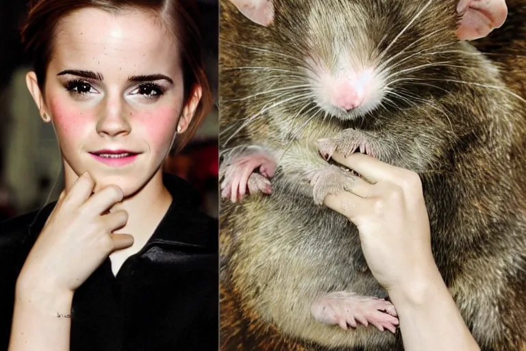 Image similar to photo, emma watson as anthropomorphic furry - rat, 6 5 5 5, she is a real huge fat rat with rat body, cats! are around, eating cheese, highly detailed, intricate details